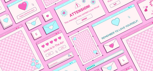 Aufkleber - Valentine's Day Y2K banner with retro computer desktop windows, messages, loading bars, greetings, heart symbols. Vector illustration.