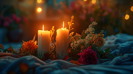 Poster - Candlelight Whispers Amongst Autumnal Floral Hues,volumetric lighting, 