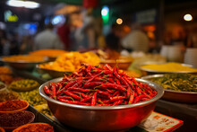 A Vibrant Display Of Red Chili Peppers In A Bowl At An Asian Street Market, Symbolizing Local Cuisine And Flavors