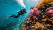 A scuba diver exploring a vibrant coral reef.