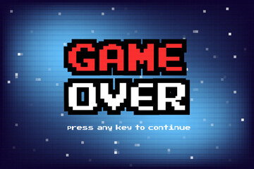 Poster - game over press start insert a coin to continue.pixel art .8 bit game.retro game. for game assets in