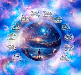 Wall Mural - zodiac sign in circle around picture of mysterious universe and abstract mystic background like a concept astrology and portal to mystic cosmic space 