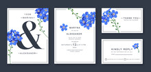 Wedding Invitation, Floral Thank You Cards, Rsvp Modern Postcard Design With Realistic Blue Forget-me-not Flowers. Templates Can Also Be Used For Advertising, Posts In Social Networks Other Designs 