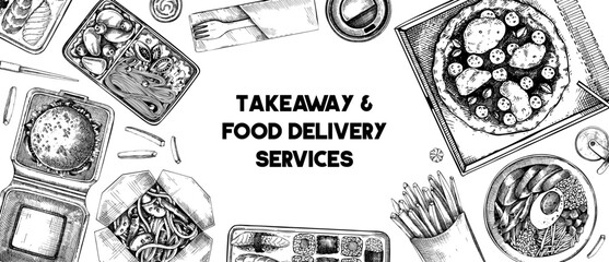 Takeaway and food delivery banner. Hand drawn vector illustration. Vintage style. Takeout food in paper box, fast food menu design. Pizza, burger, coffee, noodles, poke, sushi sketch
