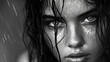 Expressive black white portrait of a young attractive girl with wet dark hair