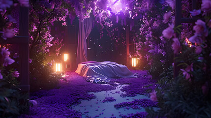 Wall Mural - Enchanted Night in a Floral Bower of Lavender Bliss,chaotic, Angelcore, concept design, cow-boy shot, Motion graphics, 500px, Virtual reality, purple colors, surrealism, sun lighting, 