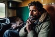 Man migrant refugee homeless hiding in truck trailer. Concept of illegal immigrant border crossing