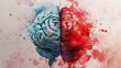 Abstract Illustration of Duality in Brain, Blue and Red Contrast, Personality War, Digital Art with Color Splashes on White Background