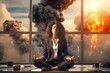 © lenblr - Black woman meditates in office sitting in lotus pose on table. Woman in formal suit at work break against window overlooking explosions and scary fires