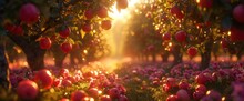 Agricultural Landscape Blooming Apple Trees, Design Llustration Background