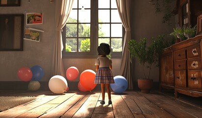 Children's miracle: a child observes nature among colorful balloons in a sun-filled room