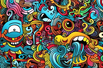  Cartoon cute doodles featuring intricate and surreal patterns that create a dreamlike, detailed seamless design, Generative AI 