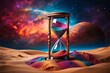 Multicolored sand inside an hourglass against cosmos background.Concept of time, time management, astrology, birth of the universe, discovery of space, unknown, space-time continuum. AI generated