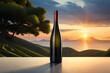 unlabeled wine bottle advertising template , natural landscape background