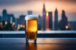 large pint of beer on a  bar counter , bokeh city background