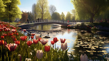 A Tulip-covered Bridge Over A Tranquil Water Feature, Creating A Serene And Picturesque Scene At The Canada Tulip Festival 2024, Portrayed In High Definition