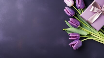 Wall Mural - violet tulips and gift, box on a background. card for Valentine's Day, March 8, Mother's Day, Birthday. Place for text