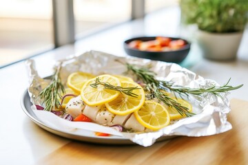 Canvas Print - cod in foil with lemon slices and rosemary