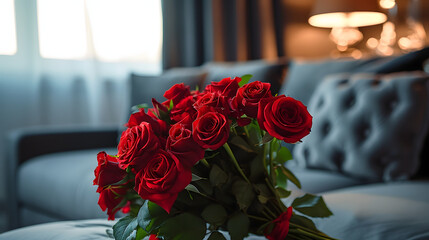 Poster - Luxurious Comfort with a Bouquet of Red Roses,volumetric lighting, 