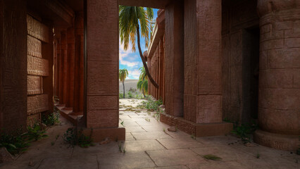 Aufkleber - Fantasy ancient Egyptian temple with light casting shadows through an entrance, blue sky and palm trees in the background. 3Drendering.