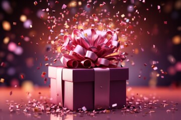 Delightful Present Showered in Confetti, Ideal for a Vibrant Holiday Gathering, on an isolated Ruby Red background, Generative AI