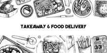 Takeaway And Food Delivery Banner. Hand Drawn Vector Illustration. Vintage Style. Takeout Food In Paper Box, Fast Food Menu Design. Pizza, Burger, Coffee, Noodles, Poke, Sushi Sketch