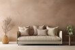 Sofa bege escuro com almofadas com vasos de planta dos dois lados e ao fundo uma parede bege escuro - moderno e minimalista 