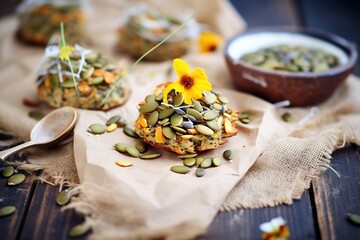 Sticker - gluten-free muffins with mixed seeds topping on a rustic cloth