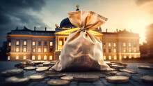 Euro Money Bag And Government Building.Business And Finance Concept