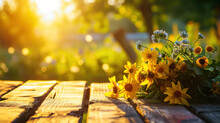 Bunch Of Sunflowers On Old Wooden Table, Outdoor Shot, Green Summer Background, Sunrise Light