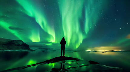 aurora borealis in the mountains, forest and lake. - 
The awe-inspiring sight of auroras in the night sky, witnessed firsthand.