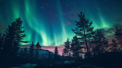 aurora borealis in the mountains, forest and lake. - 
The awe-inspiring sight of auroras in the night sky, witnessed firsthand.