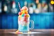cotton candy milkshake with colorful candy floss on top