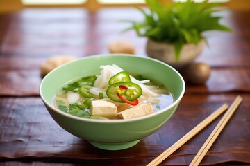 Sticker - pho with tofu and veggies, focused on green onion garnish