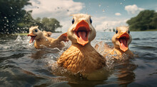 Family Of Ducks Playfully Splashed Around