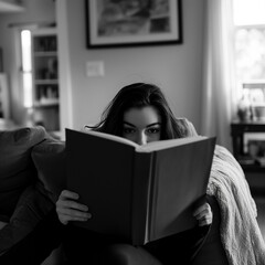 Canvas Print - girl sitting on the couch at home and reading a book