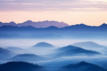 Sticker - Mountain range with visible silhouettes through the morning colorful fog. Landscape scenic view. Generative AI