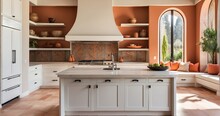 A Modern Mediterranean Kitchen With Sleek White Cabinetry, Marble Countertops, Mosaic Tile Backsplash, Wrought Iron Accents, And Warm Terracotta Flooring - Generative AI