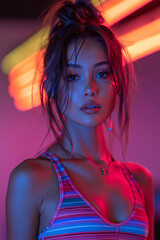 Wall Mural - Portrait of a slender beautiful girl in the light of neon lights