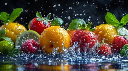  Super fresh Fruit falling with waterdrops on it and black background