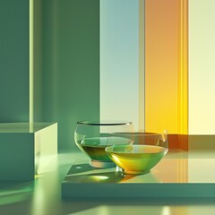 Sticker - Two glasses of green liquid on a table with sunlight behind, AI