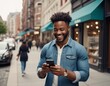 Cheerful African-American man in casual attire laughs while reading a message on his smartphone, capturing a candid moment on a city street with vibrant storefronts in the background