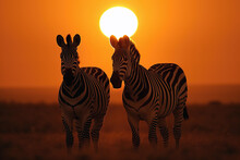 Two Zebras Walking Through The Savana At Sunset. Amazing African Wildlife