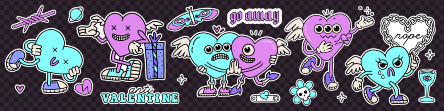 neon y2k anti valentines day stickers set with retro cartoon cupid characters. 2000s anti love conce