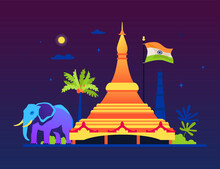 Global Vipassana Pagoda - Modern Colored Vector Illustration With The Monument And Meditation Hall In Mumbai In India. Buddhist Temple, Religion And Cultural Heritage, Elephant, National Flag