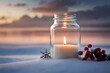 winter candle glowing in a jar , snowy  background