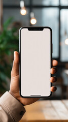 Cropped view of man holding smartphone with blank white screen in cafe
