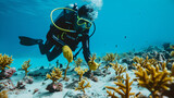 Fototapeta Do akwarium - Diver assisting in coral reef restoration and planting new corals.