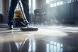 Person cleans the floor with vacuum cleaner.  Cleaning service concept.