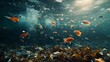 Devastating environmental impact  submerged plastic waste polluting the delicate ocean ecosystem.